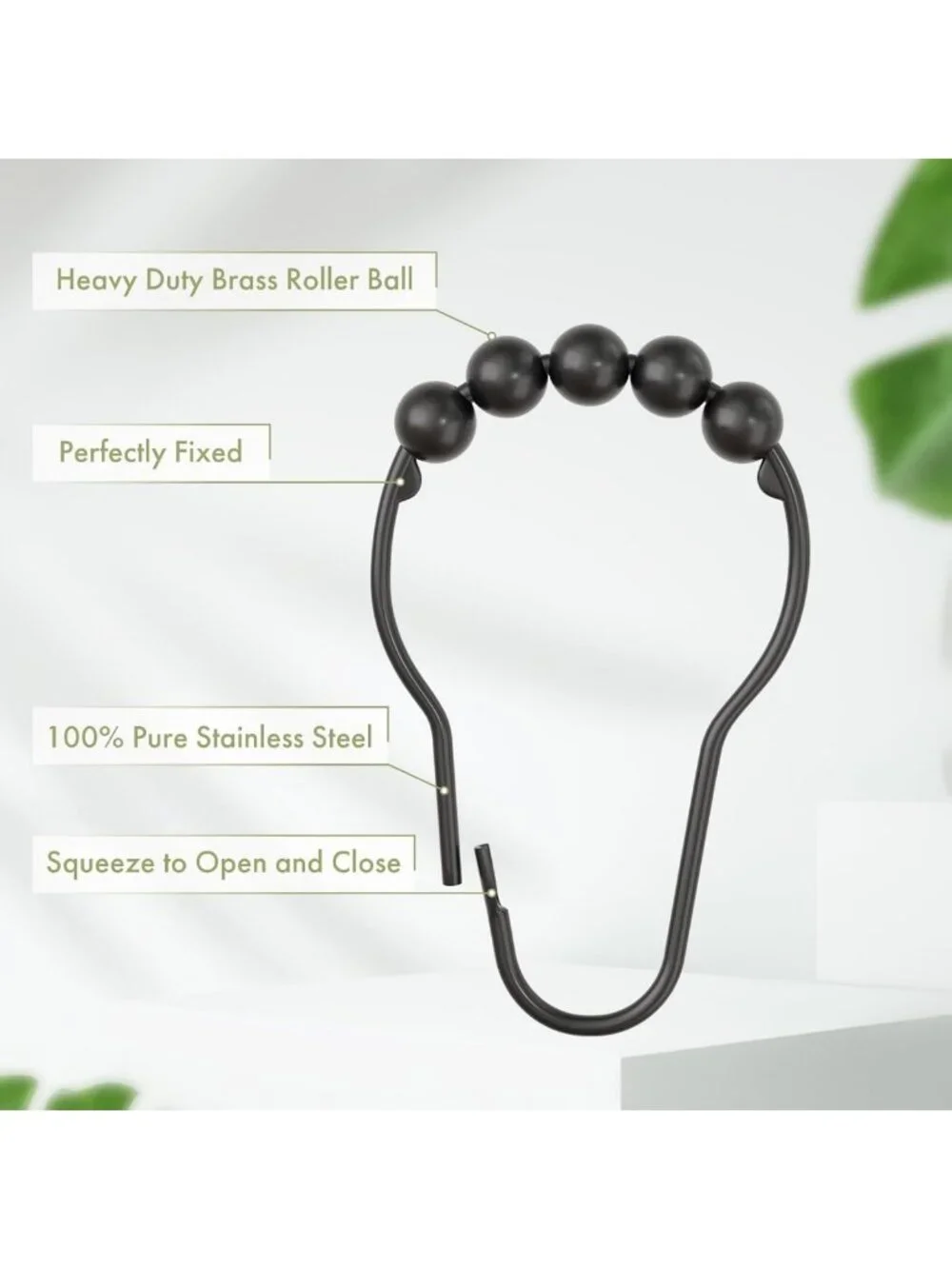 Matte Black Shower Curtain Hooks - Rust Proof Stainless Steel, Set of 24